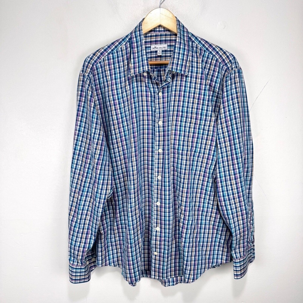 Peter Millar Crown Soft Runaway Bay Sport Button Shirt Men‎ XL Blue Check Silk
